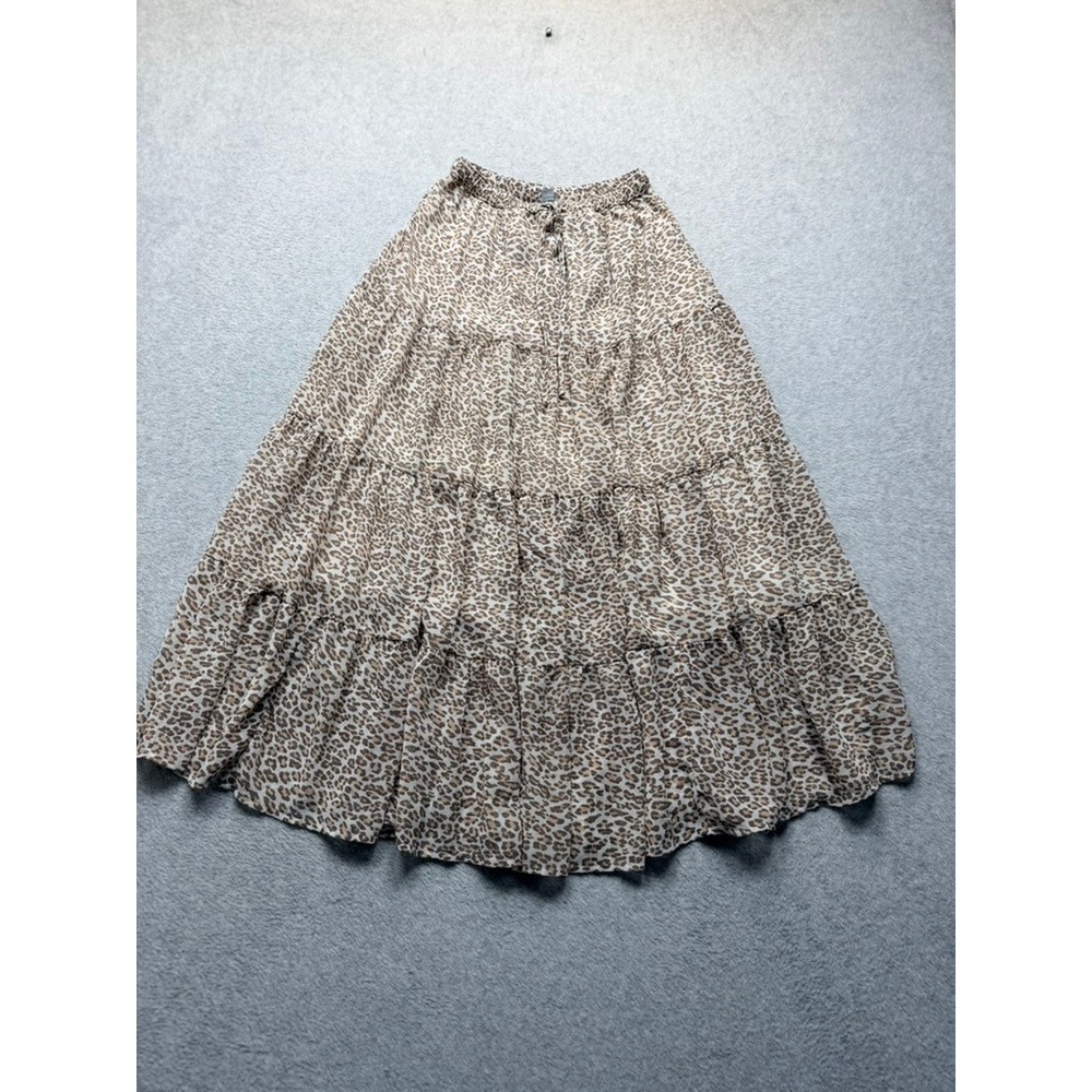 Leopard Print Tiered Maxi Skirt Brown Tan Animal Print Elastic Waist Boho Skirt